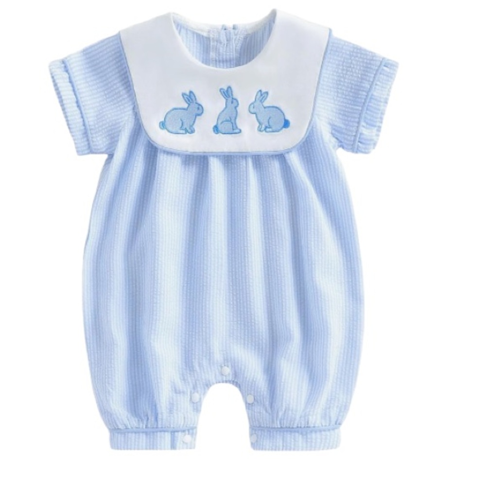 Blue & White Striped Romper Bunny Embroidery NEW 12-18 mth
